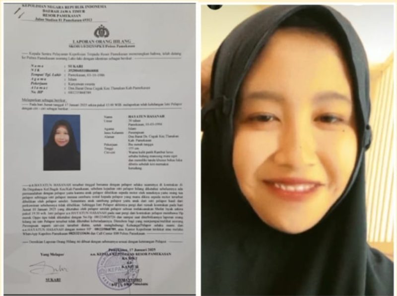 Caption: Foto surat laporan orang hilang ke Polres Pamekasan dan Foto orang hilang yang dicari diduga bekerja sebagai ART di wilayah Surabaya