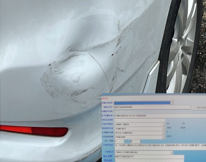 Caption: Mobil Korban Suzuki Ertiga M 1912 NQ Yang Ditabrak Dari Belakang Mengalami Lecet Body Belakang (Sumber Foto: Indra Maulana Arifin/dok Pilar Pos)