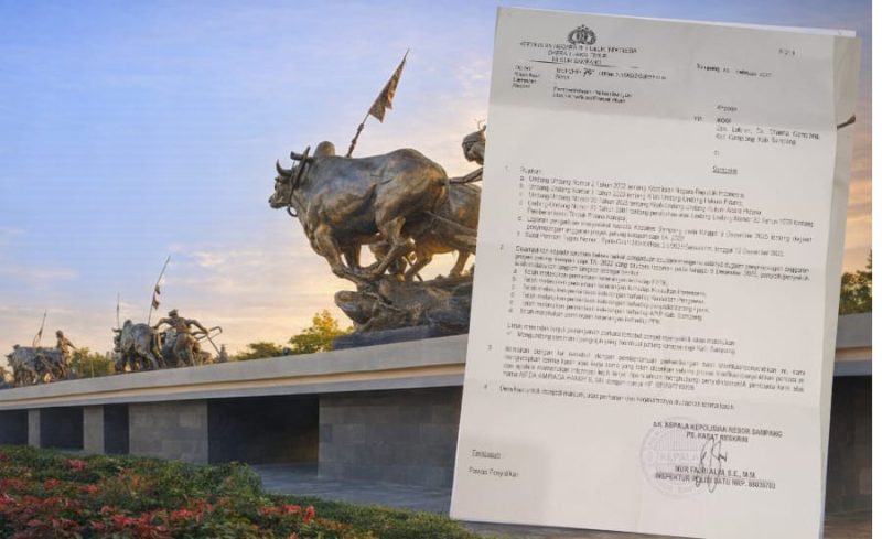 Caption: Patung Karapan Sapi di Alun-Alun Trunojoyo Sampang dan Surat SP2HP dari Polres Sampang (Sumber Foto: dok/Pilar Pos)