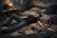 Caption: Ilustrasi seorang pemuda tergeletak di dalam kamar