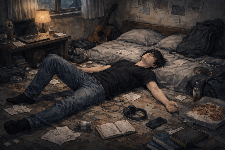 Caption: Ilustrasi seorang pemuda tergeletak di dalam kamar