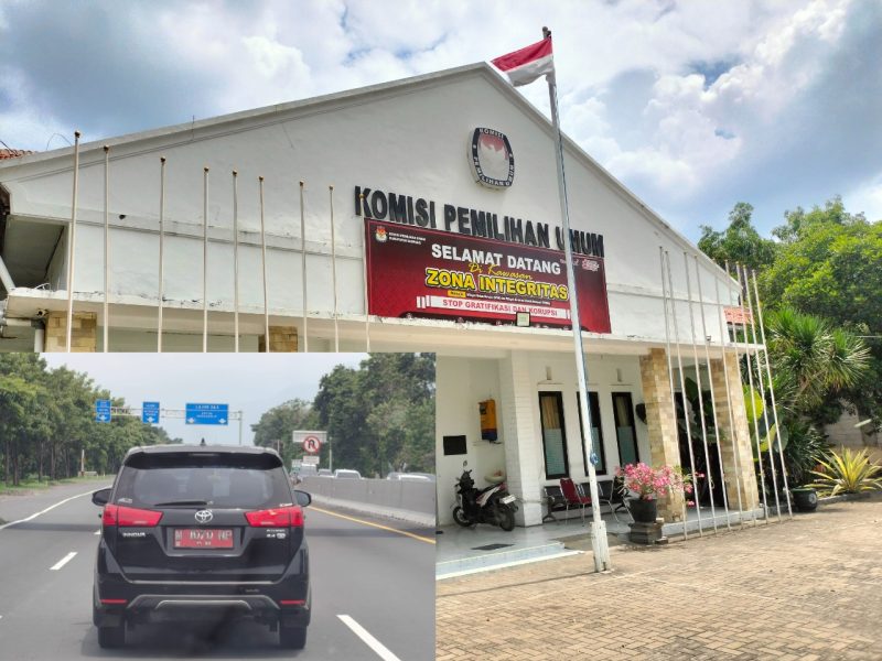 Caption: Kantor KPU Sampang dan Mobil Innova Reborn Pelat Merah Diketahui Warga Sampang Melintas di Tol Waru Surabaya (Sumber Foto: Agus Junaidi/Pilar Pos)