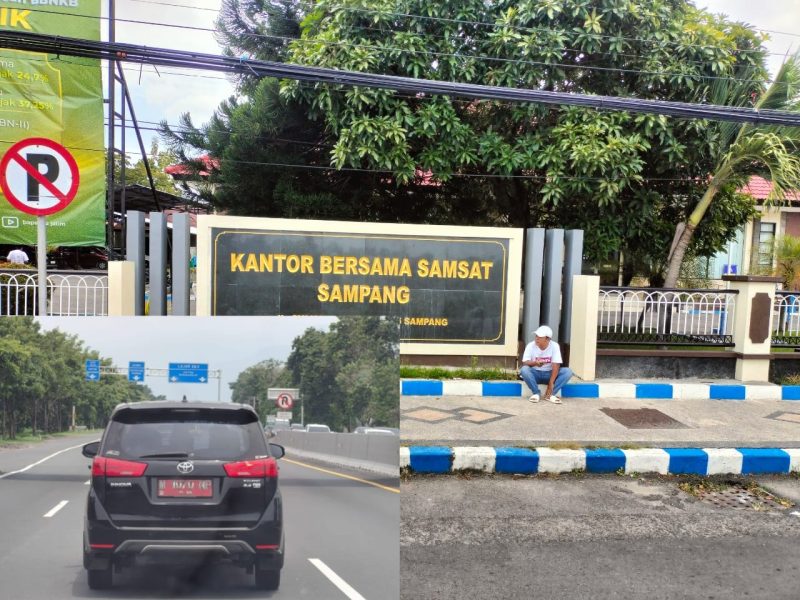 Caption: Kantor Bersama (KB) Samsat Sampang dan Mobil Dinas Pelat Merah Saat Melintas di Daerah Jalan Tol Waru Surabaya (Sumber Foto: dok/Pilar Pos)