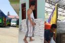 Fathorrahman, Kepala Desa Sana Laok Kecamatan Waru Kabupaten Pamekasan (foto tengah) terpaksa menurunkan beras sendirian tanpa ada bantuan siapapun, karena tidak ada kuli dari pihak Bulog. Selasa, 08/09/2026.