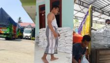 Fathorrahman, Kepala Desa Sana Laok Kecamatan Waru Kabupaten Pamekasan (foto tengah) terpaksa menurunkan beras sendirian tanpa ada bantuan siapapun, karena tidak ada kuli dari pihak Bulog. Selasa, 08/09/2026.