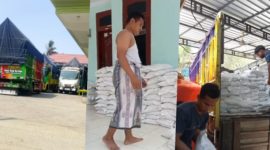 Fathorrahman, Kepala Desa Sana Laok Kecamatan Waru Kabupaten Pamekasan (foto tengah) terpaksa menurunkan beras sendirian tanpa ada bantuan siapapun, karena tidak ada kuli dari pihak Bulog. Selasa, 08/09/2026.