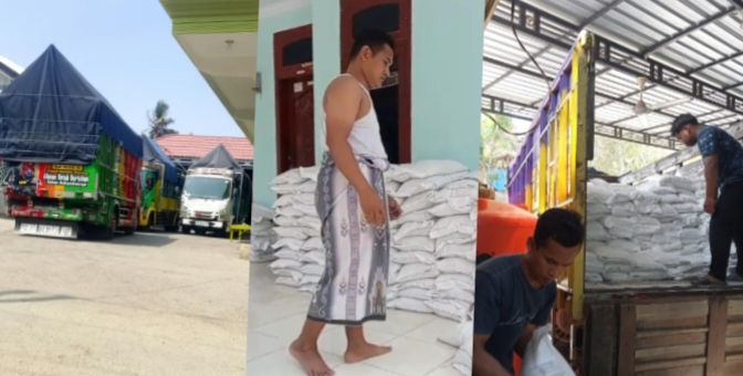 Fathorrahman, Kepala Desa Sana Laok Kecamatan Waru Kabupaten Pamekasan (foto tengah) terpaksa menurunkan beras sendirian tanpa ada bantuan siapapun, karena tidak ada kuli dari pihak Bulog. Selasa, 08/09/2026.