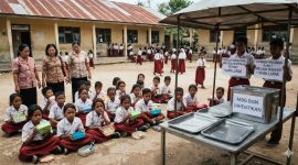 Gambar dihasilkan dari AI, Menampilkan gambar sejumlah siswa dan guru terlantar akibat pengiriman MBG diberhentikan secara sepihak di beberap sekolah. 