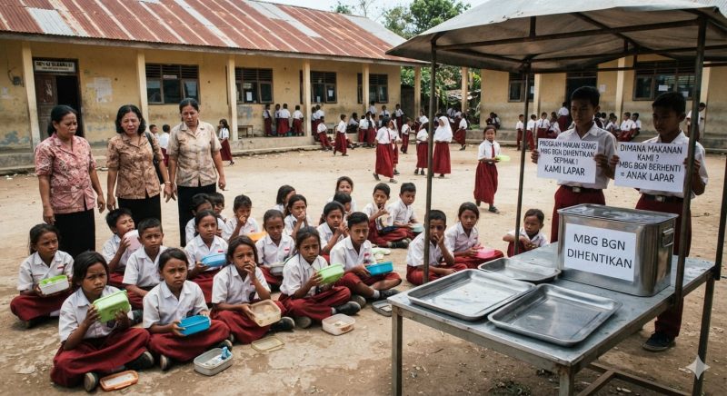 Gambar dihasilkan dari AI, Menampilkan gambar sejumlah siswa dan guru terlantar akibat pengiriman MBG diberhentikan secara sepihak di beberap sekolah. 