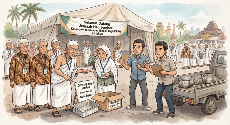 Foto animasi dihasilkan dari AI. Onum catering jamaah haji asal jember diduga tipu jamaahnya. 