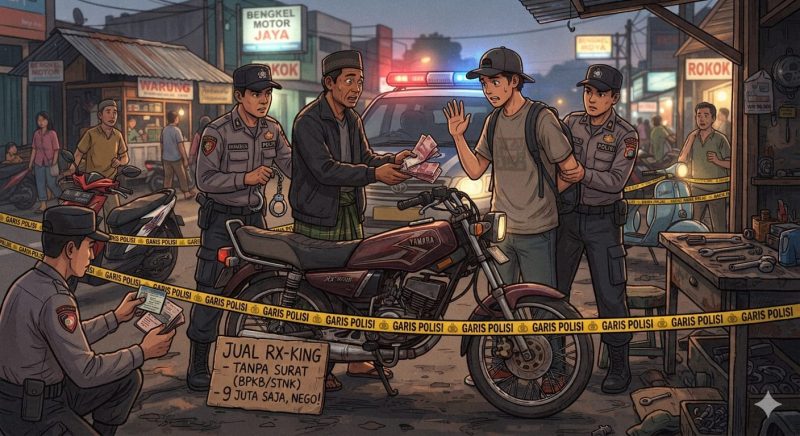 Foto ilustrasi dihasilkan AI, penangkapan transaksi jual beli motor yang diduga tanpa surat-surat. 