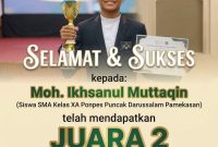 Moh. Ikhsanul Muttaqin, delegasi dari Pondok Pesantren (Ponpes) Puncak Darussalam Pamekasan, sukses menyabet gelar juara dua dalam kompetisi Lomba Pidato Bahasa Arab Internasional. Ajang bergengsi ini berlangsung di kampus UIN Syarif Hidayatullah Jakarta pada Rabu (28/10/2026)