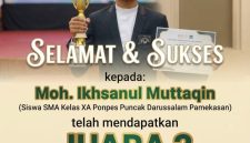 Moh. Ikhsanul Muttaqin, delegasi dari Pondok Pesantren (Ponpes) Puncak Darussalam Pamekasan, sukses menyabet gelar juara dua dalam kompetisi Lomba Pidato Bahasa Arab Internasional. Ajang bergengsi ini berlangsung di kampus UIN Syarif Hidayatullah Jakarta pada Rabu (28/10/2026)