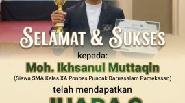 Moh. Ikhsanul Muttaqin, delegasi dari Pondok Pesantren (Ponpes) Puncak Darussalam Pamekasan, sukses menyabet gelar juara dua dalam kompetisi Lomba Pidato Bahasa Arab Internasional. Ajang bergengsi ini berlangsung di kampus UIN Syarif Hidayatullah Jakarta pada Rabu (28/10/2026)